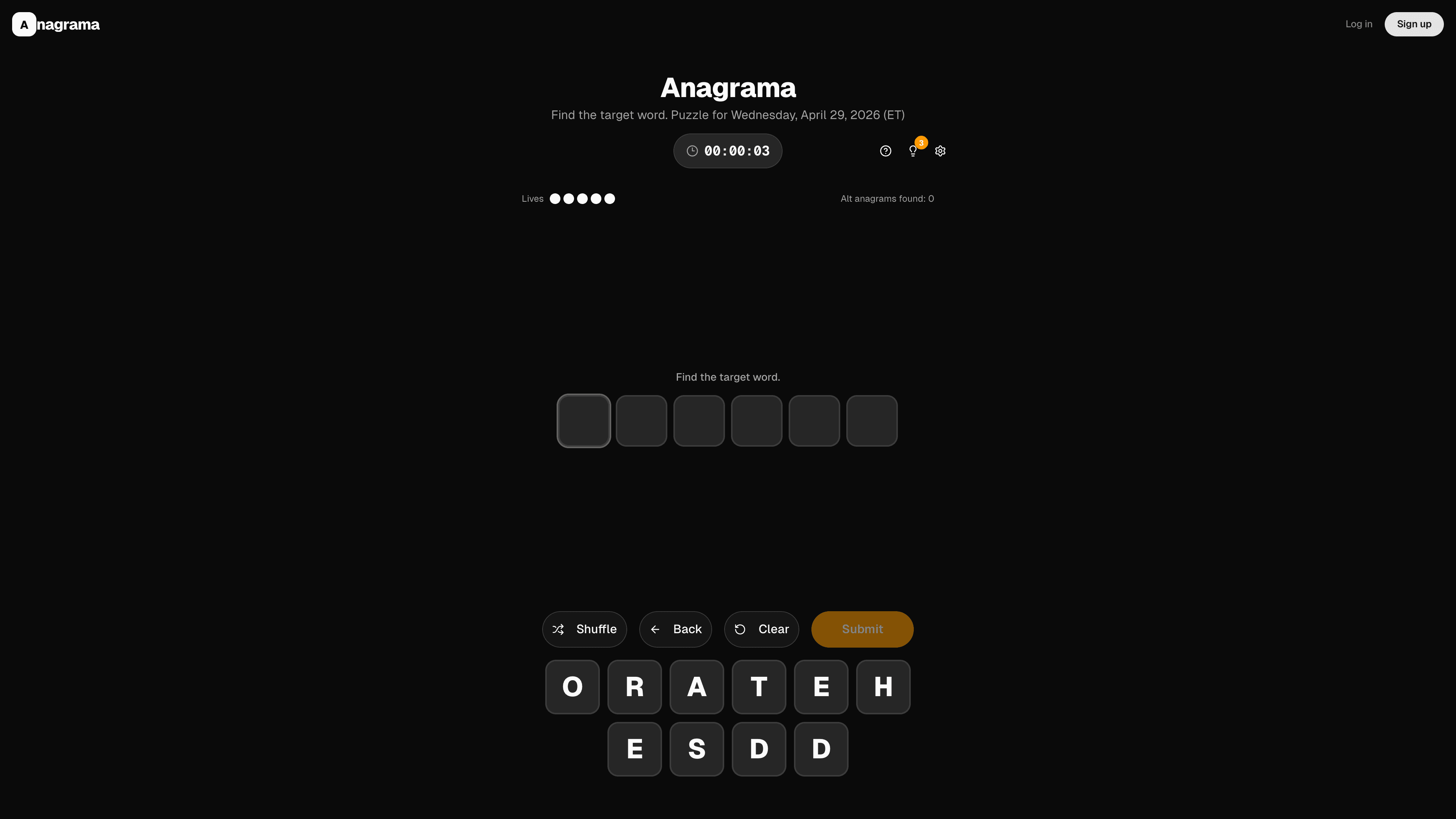 Today's Anagrama puzzle in play — six empty tiles above eight scrambled letters with a live timer and hint counter