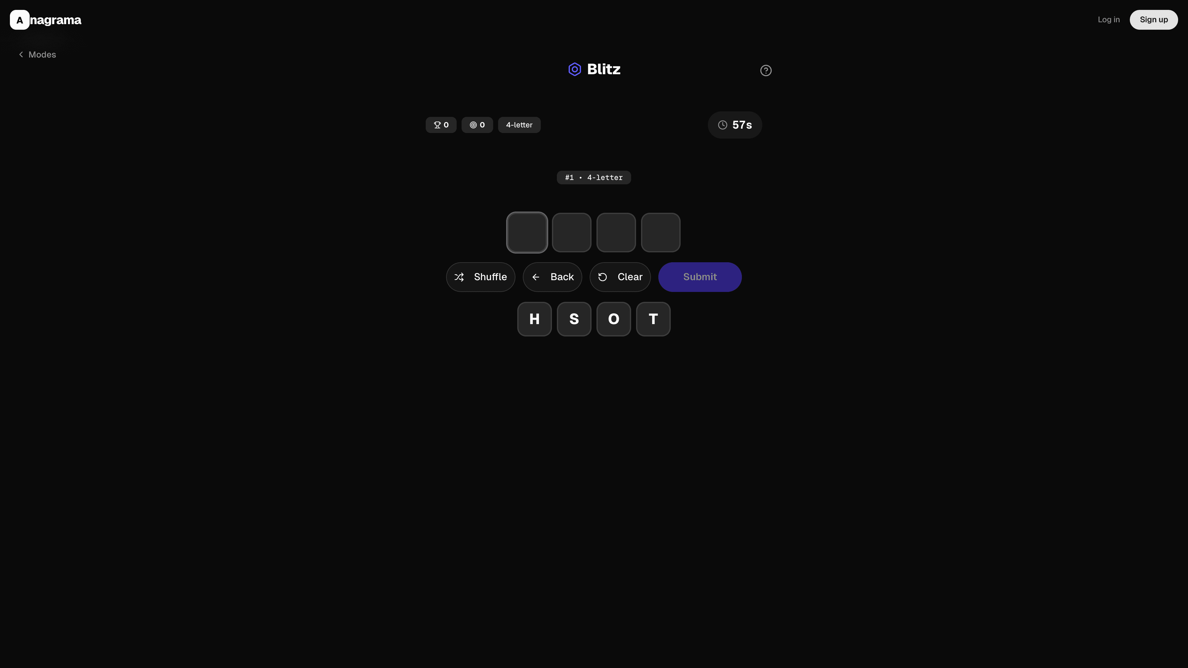 Blitz solo mode — four-letter sprint with a 57-second countdown
