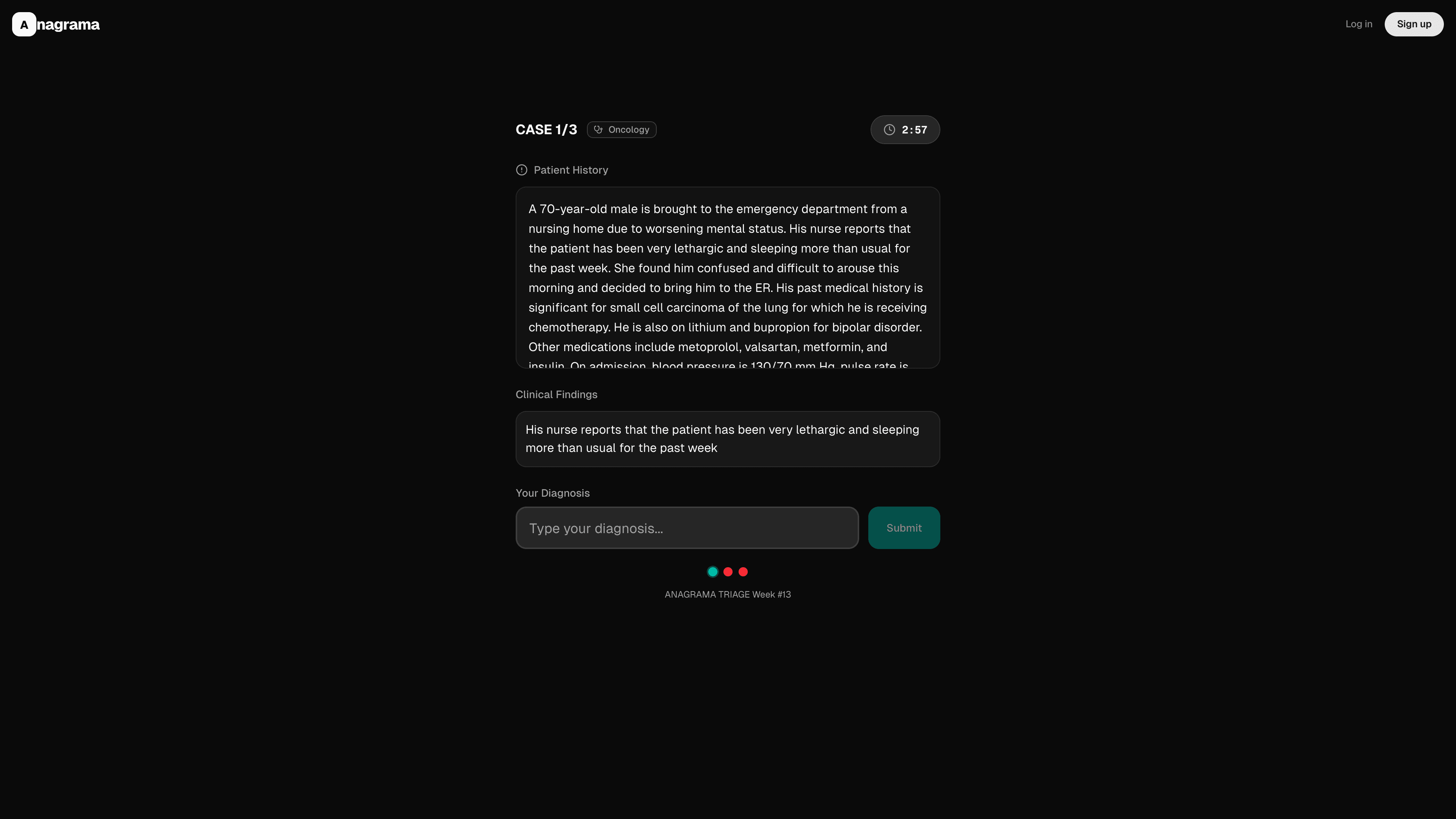Triage case-history screen showing a 70-year-old patient case and a diagnosis input
