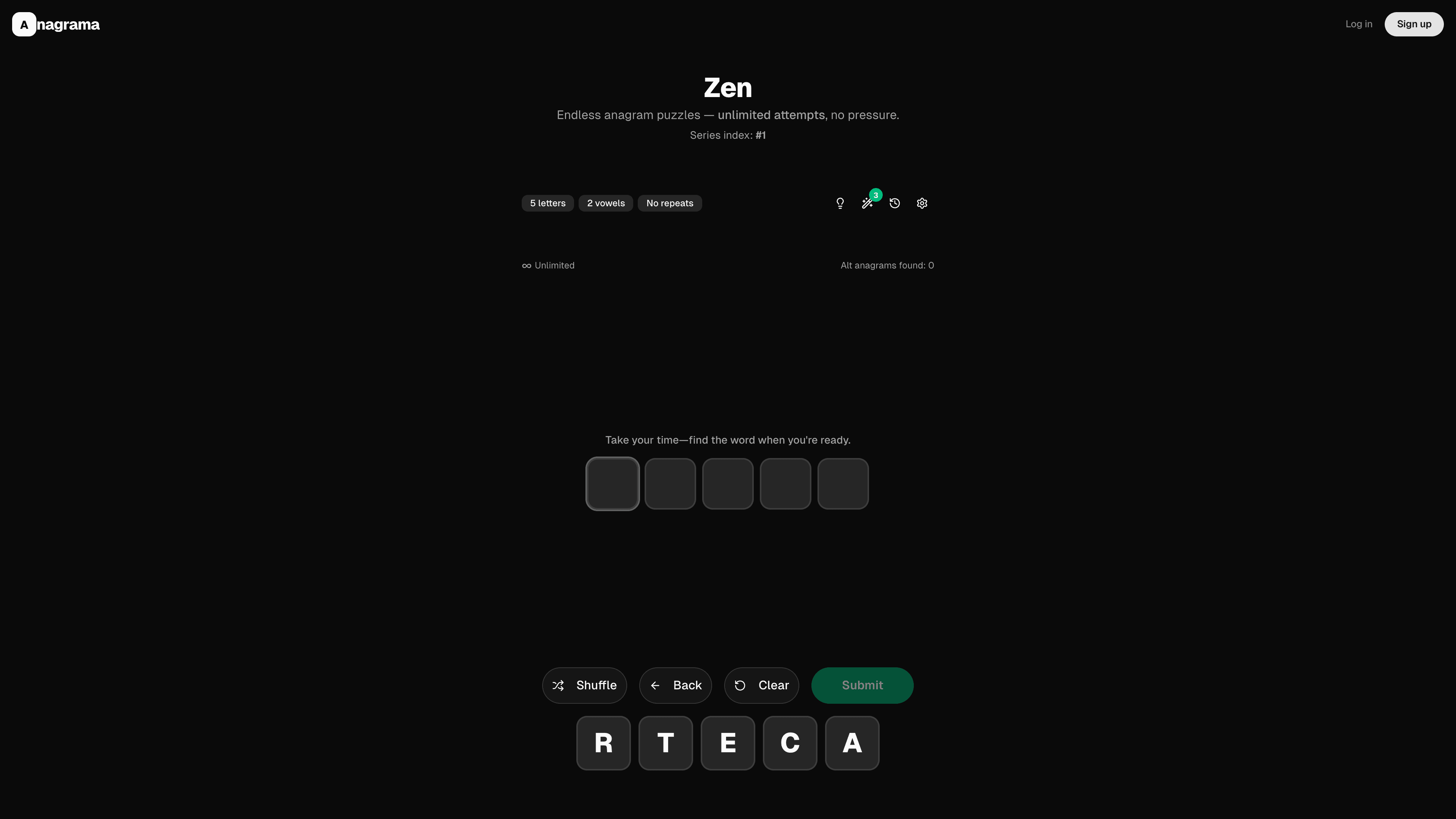Zen mode — five empty tiles, five available letters, no timer, ‘Take your time’ copy