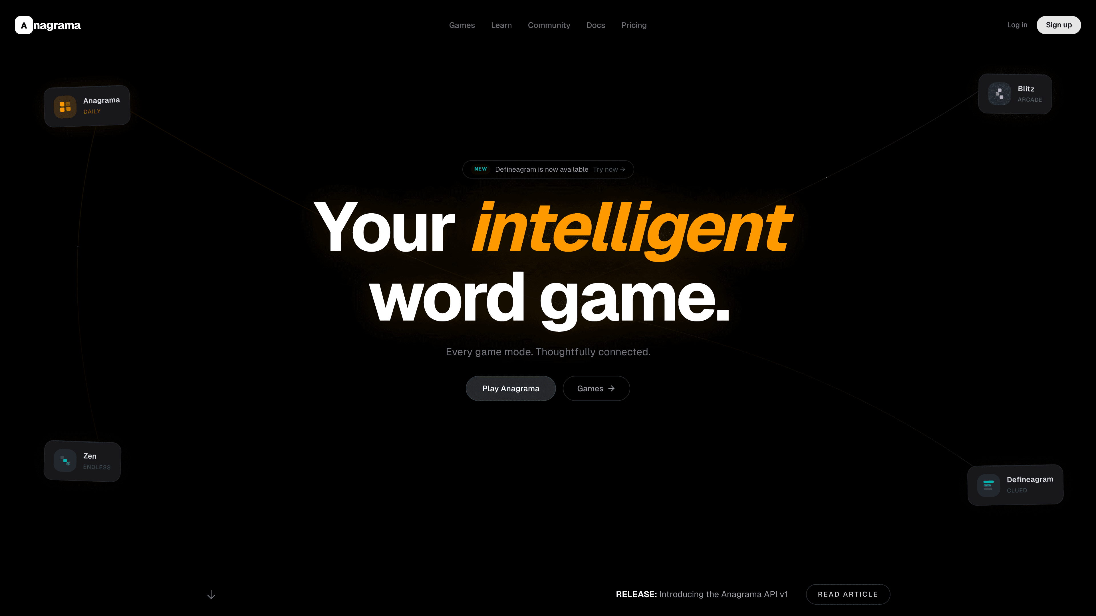Anagrama landing page with the headline 'Your intelligent word game' surrounded by floating game-mode cards