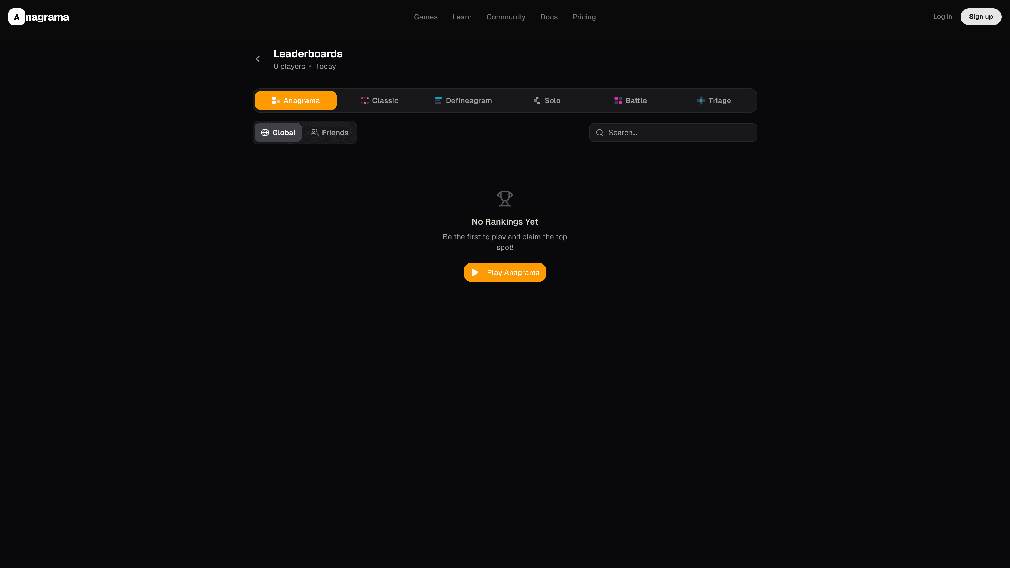 Leaderboards page with mode tabs (Anagrama, Classic, Defineagram, Solo, Battle, Triage) and Global / Friends scoping