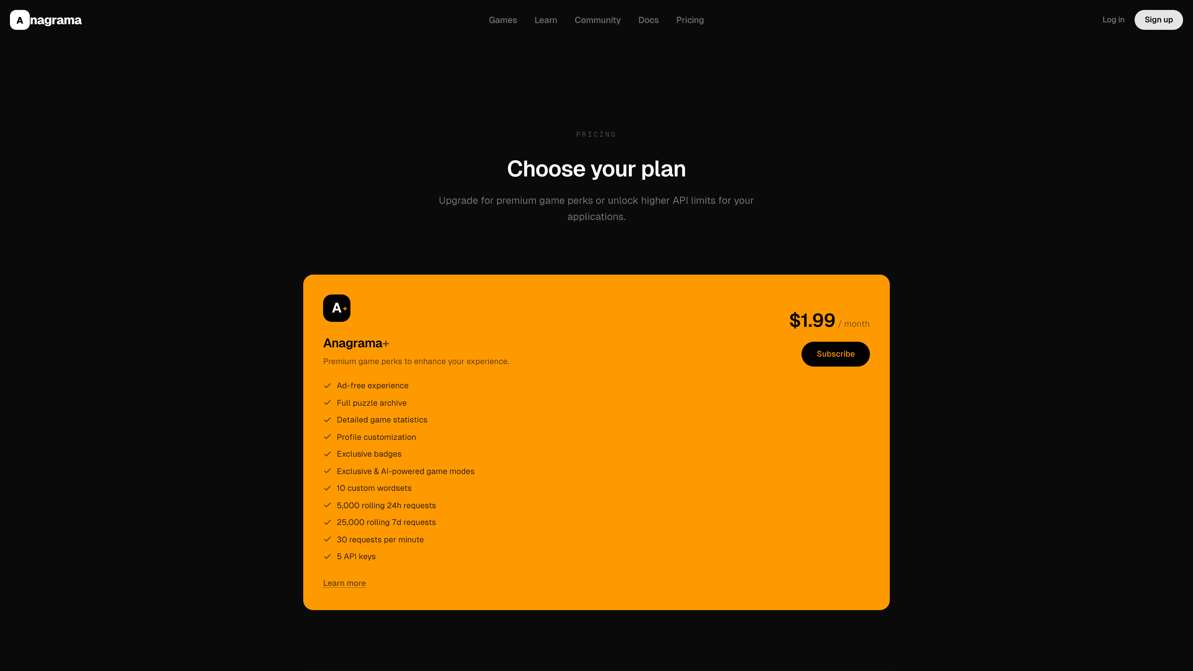 Anagrama Plus pricing page with $1.99/month tier listing ad-free, full archive, stats, customization, exclusive badges, AI-powered modes, custom wordsets, API limits