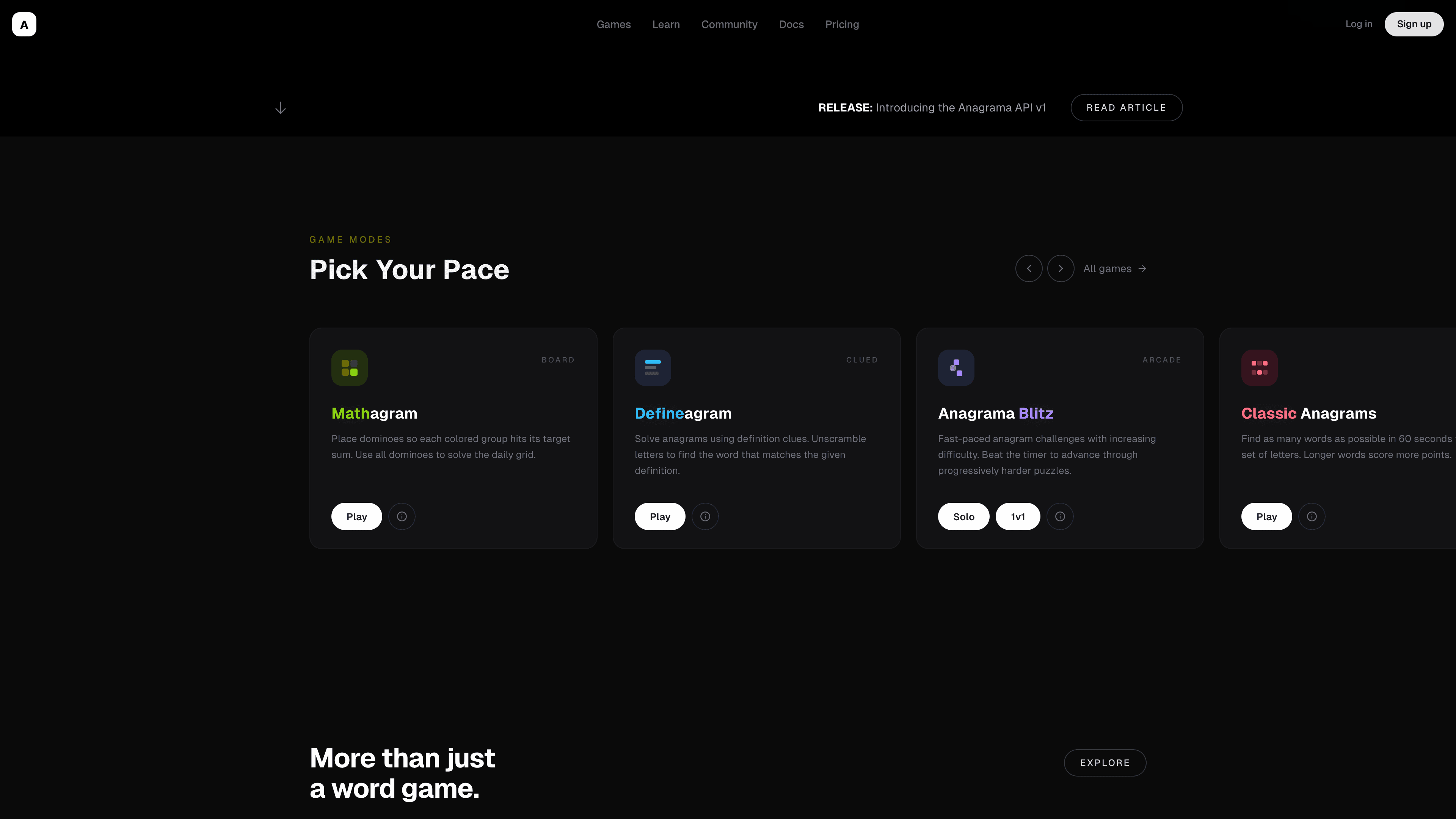 Game modes selector showing Mathagram, Defineagram, Anagrama Blitz, and Classic Anagrams as cards