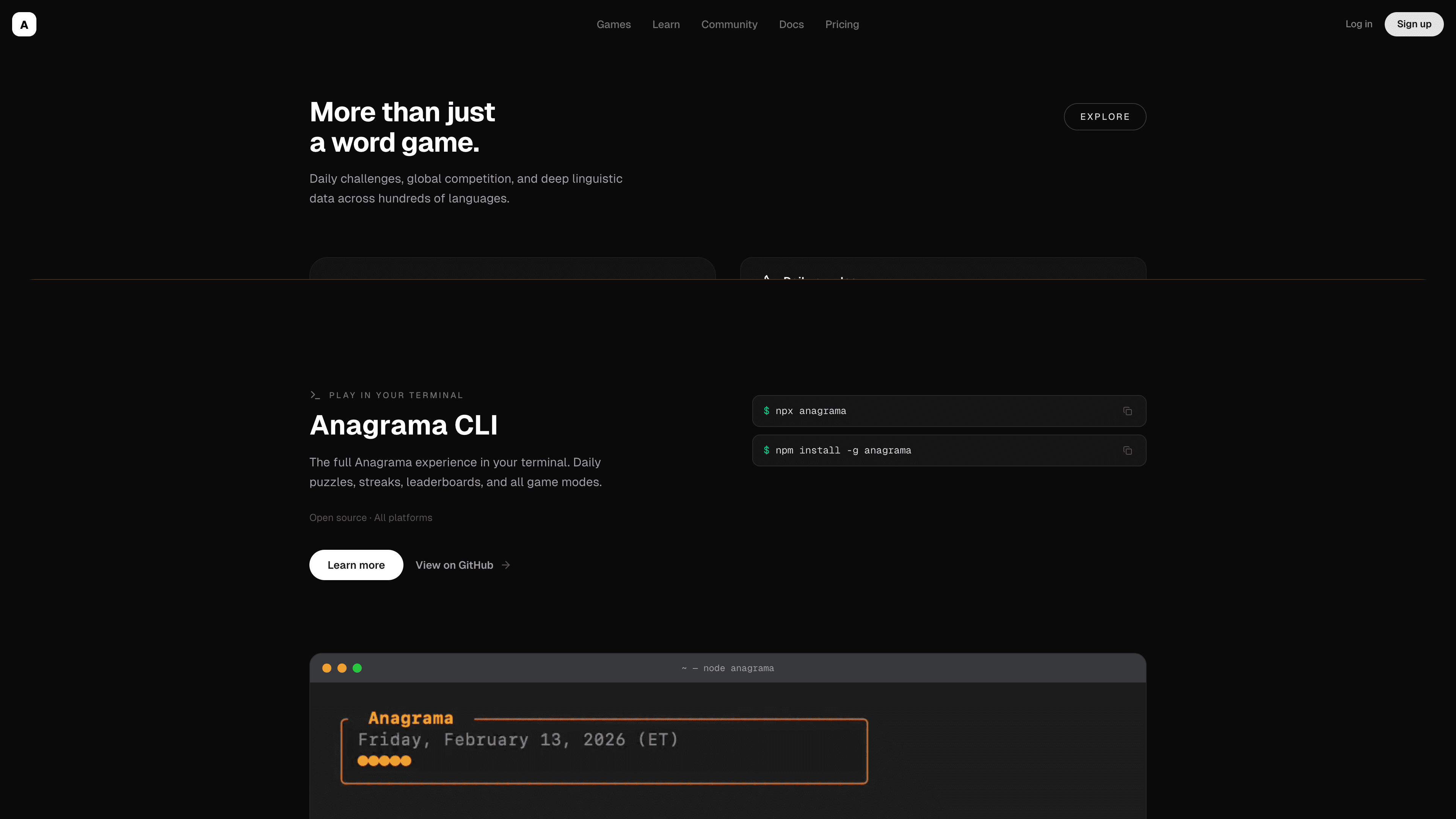 Anagrama CLI promo with install commands and a terminal mockup showing ‘Friday, February 13, 2026 (ET)’